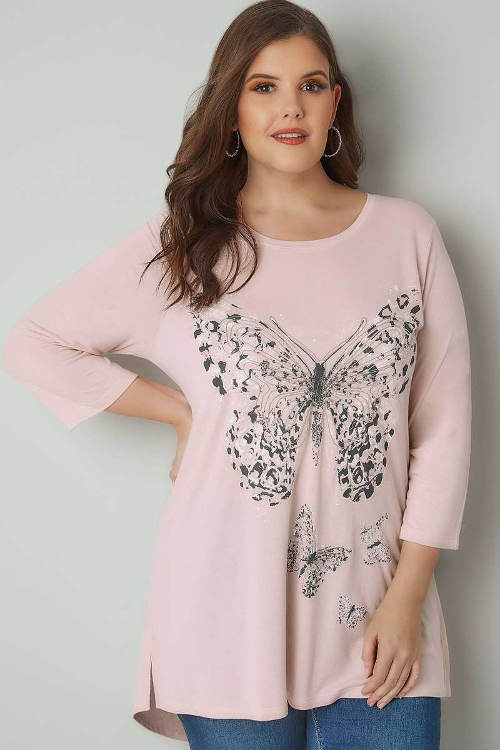 Dámské nadměrné růžové tričko s potiskem motýlů