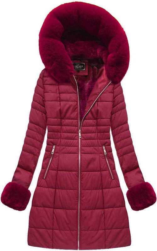 Teplá delší fialová prošívaná zimní bunda s kapucí