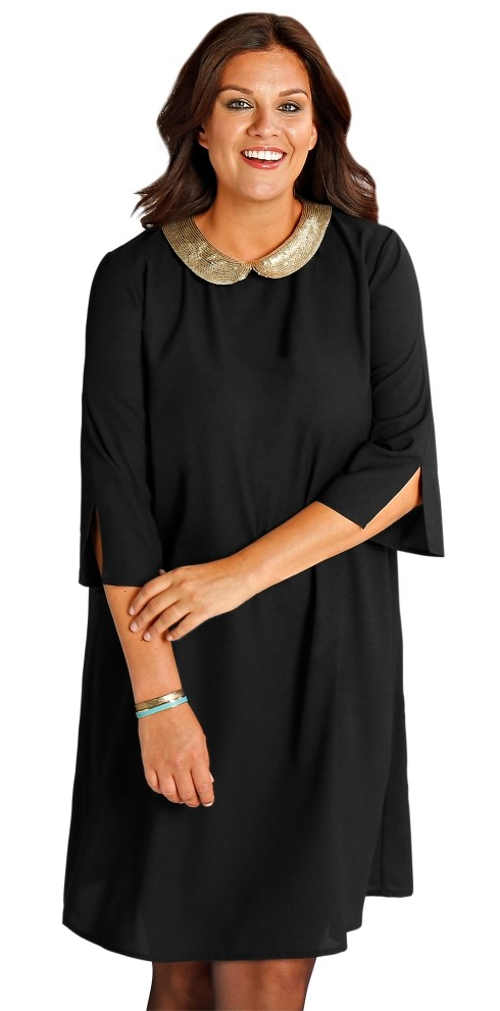 Volné černé dámské šaty s flitrovým límečkem