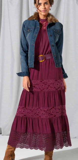 Dlouhá fialová dámská maxi sukně s krajkou