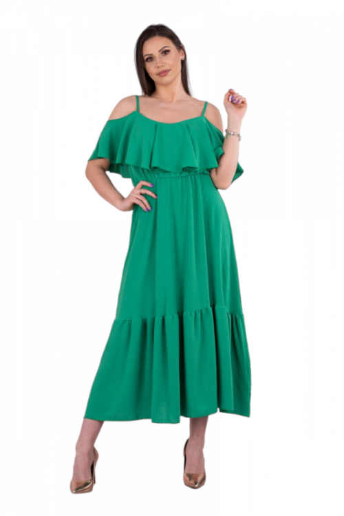 Dlouhé dámské jednobarevné šaty na ramínka zdobené volánem