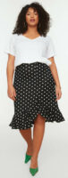 Levná letní puntíkovaná dámská sukně pro plnoštíhlé s délkou pod kolena