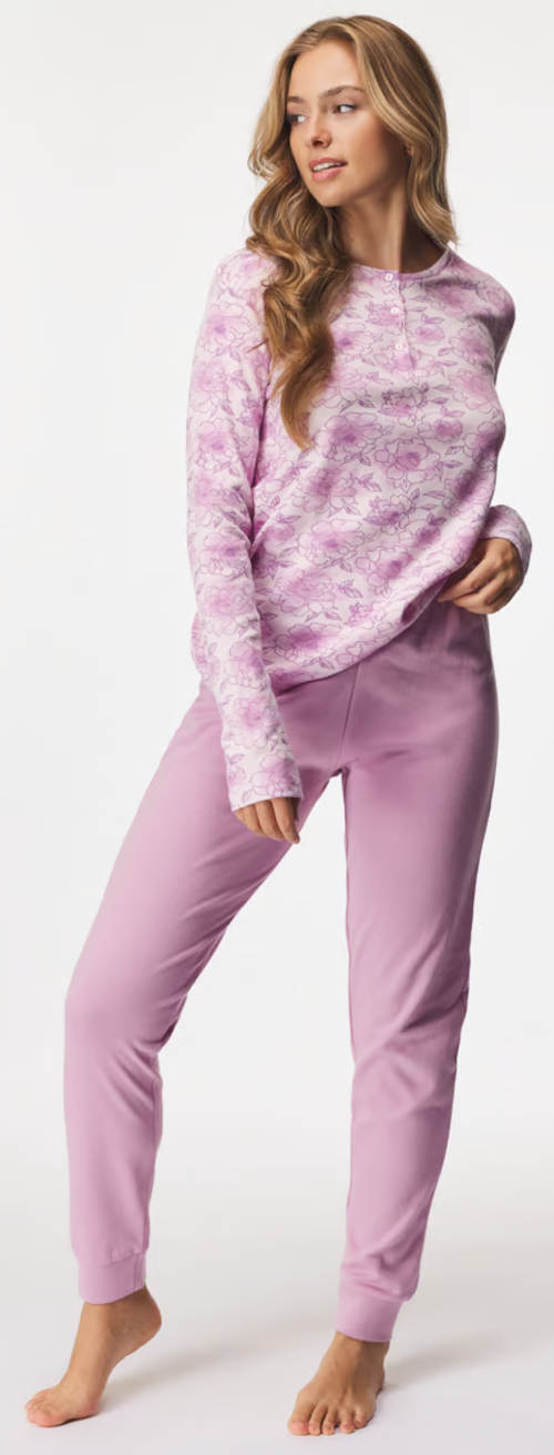 Růžové dámské zimní bavlněné pyžamo pro plnoštíhlé